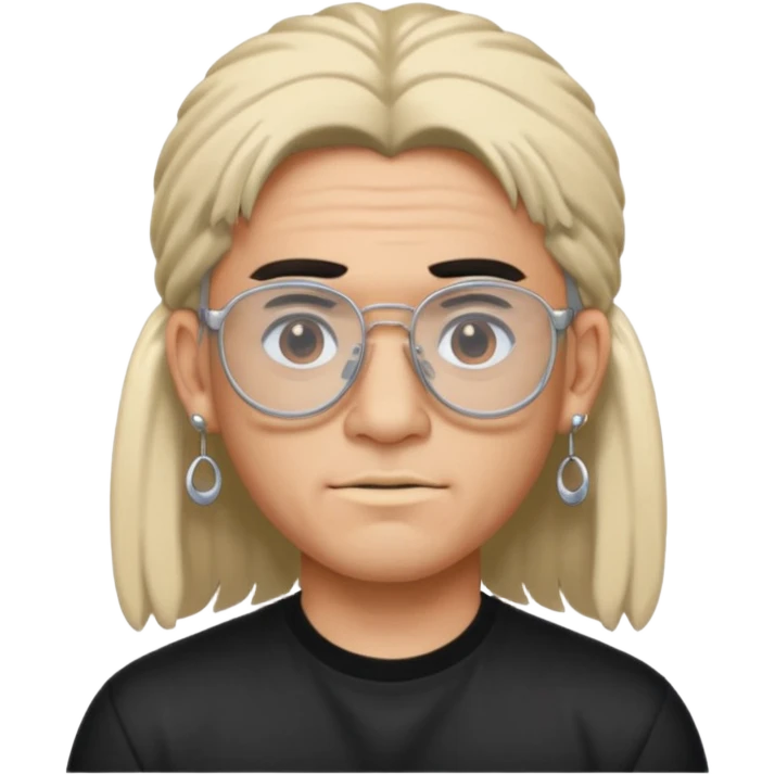 chico moreno con piercing en la ceja, pendientes, mullet y gafas y2k, expresión neutral emoji
