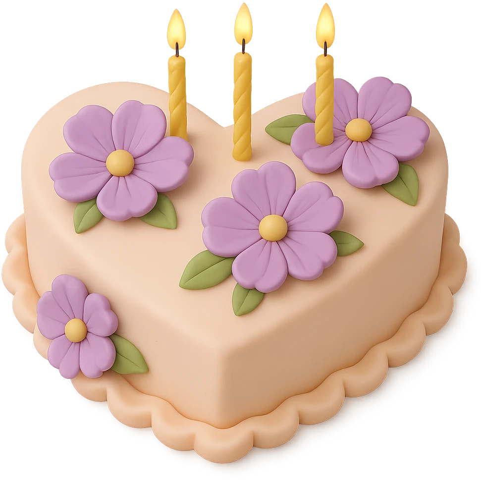 Add birthday candles to the heart-shaped fondant cake with purple flowers, fondant cake art style, keep transparent background. emoji