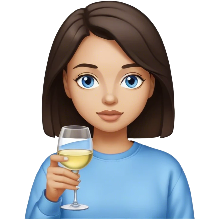 Dark brown hair woman blue eyes drinking white wine in sweatshirt emoji