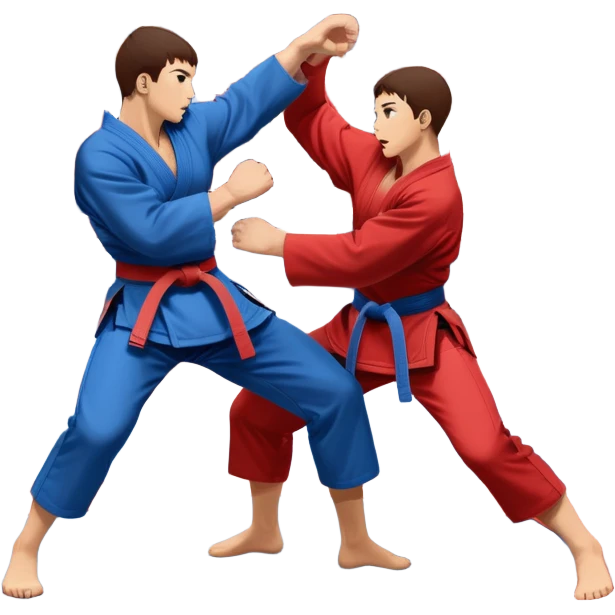 Two SAMBO fighters in blue and red uniforms engage in dynamic grappling and throwing techniques. One executes a powerful throw while the other tries to counter. The scene is set in a sports arena with a competition mat, capturing the intensity and motion of the martial art. Transparent background. emoji