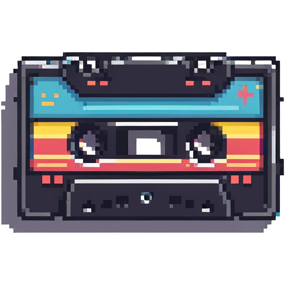 A retro pixel art cassette tape with vibrant colors emoji