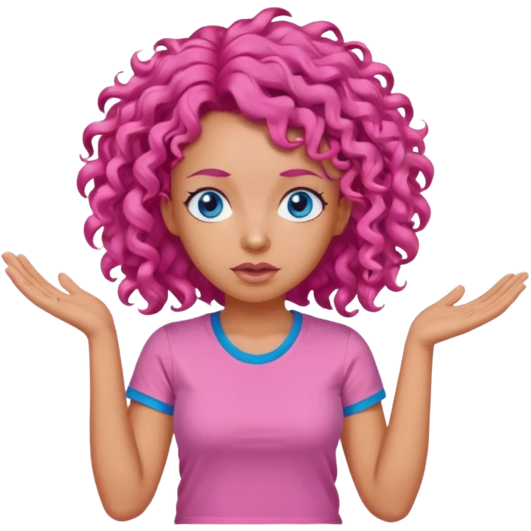 Woman in pink t shirt with pink curly hair and blue eyes shrugging  emoji