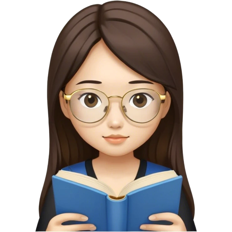 pretty asian girl sitting reading a blue book black top gold glasses long brown hair emoji