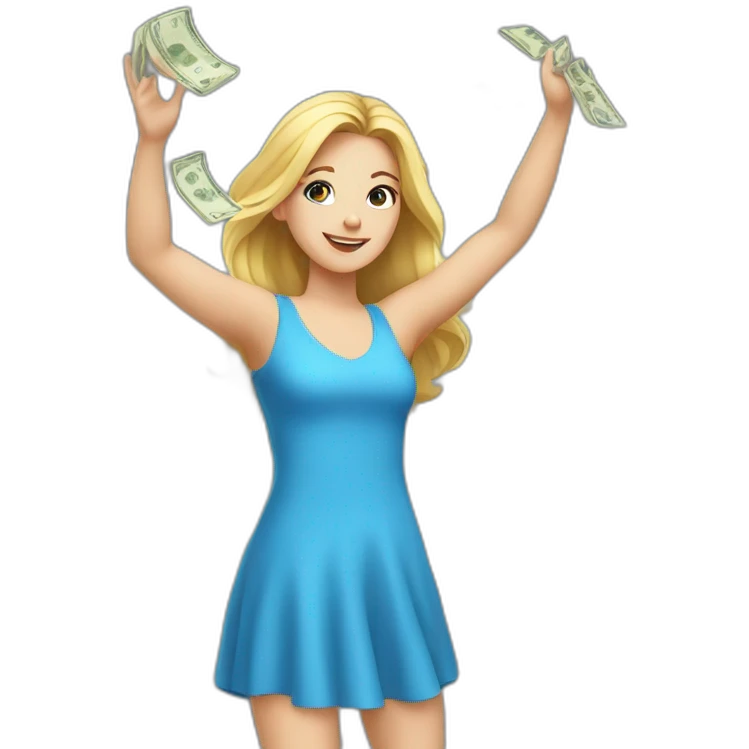 white girl in a blue dress throwing money up in the air. emoji