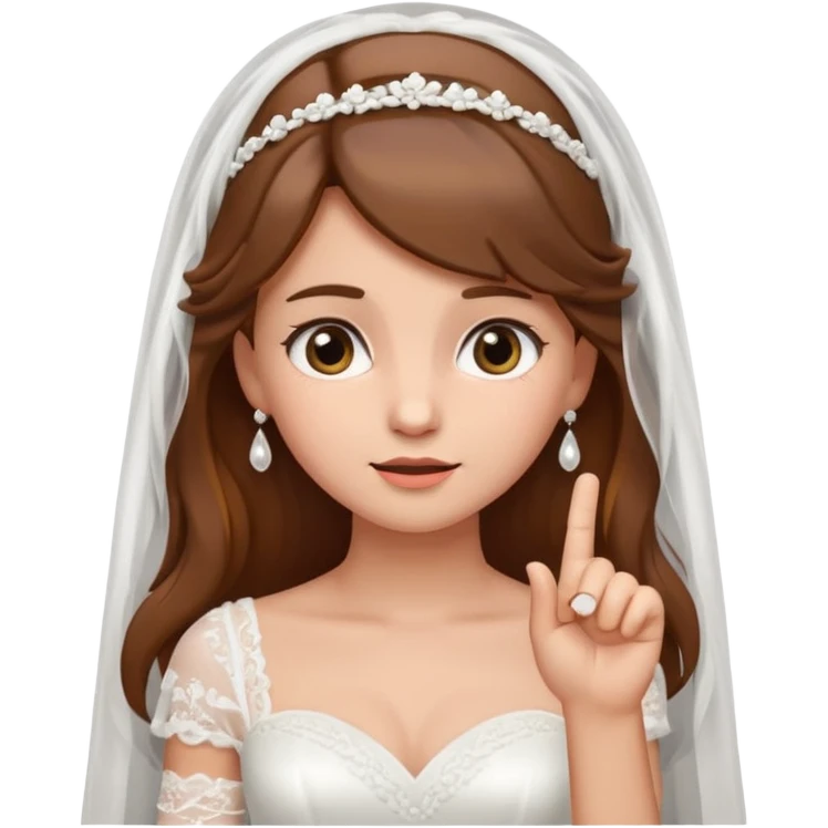 brown-haired bride in a white wedding dress and veil, curious expression, pointing to her head with her index finger, cute emoji style. emoji