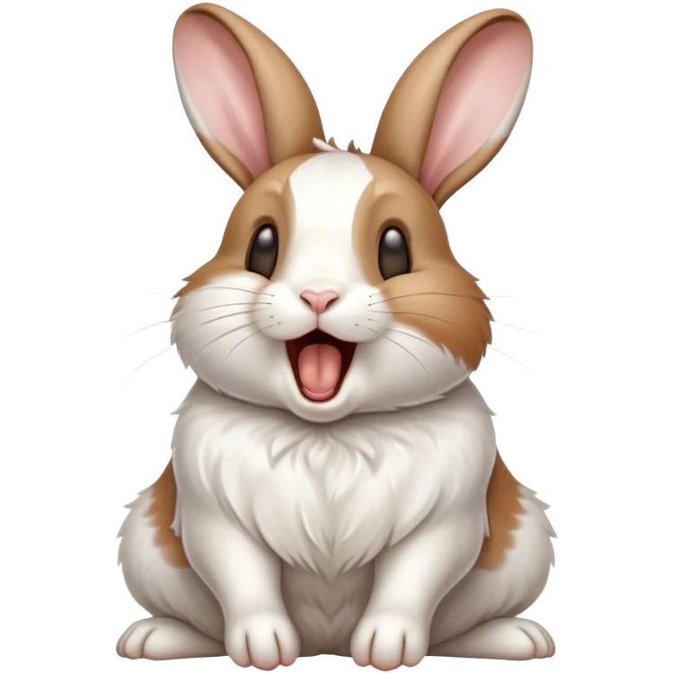 Cinematic Cute Yawning White and Brown Rabbit Portrait Emoji, Head tilted slightly with a dramatic, wide-open yawn, showcasing a soft, patterned fur with crisp white and warm brown patches, floppy ears slightly drooping, round eyes barely open in drowsy contentment, Simplified yet irresistibly adorable features, highly detailed, glowing with a soft, cozy glow, high shine, relaxed yet expressive, stylized with a touch of whimsy, bright and endearing, soft glowing outline, capturing the essence of a sleepy yet affectionate bunny, so drowsy it feels like it could stretch out of the screen and curl up for a nap! emoji