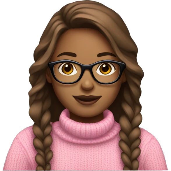 Girl with brown hair and black glasses frame and pink sweater is working behind laptop emoji
