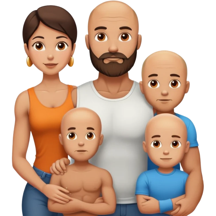 Muscular Bald man with a beard with his young beautiful brunette wife and their 3 sons emoji