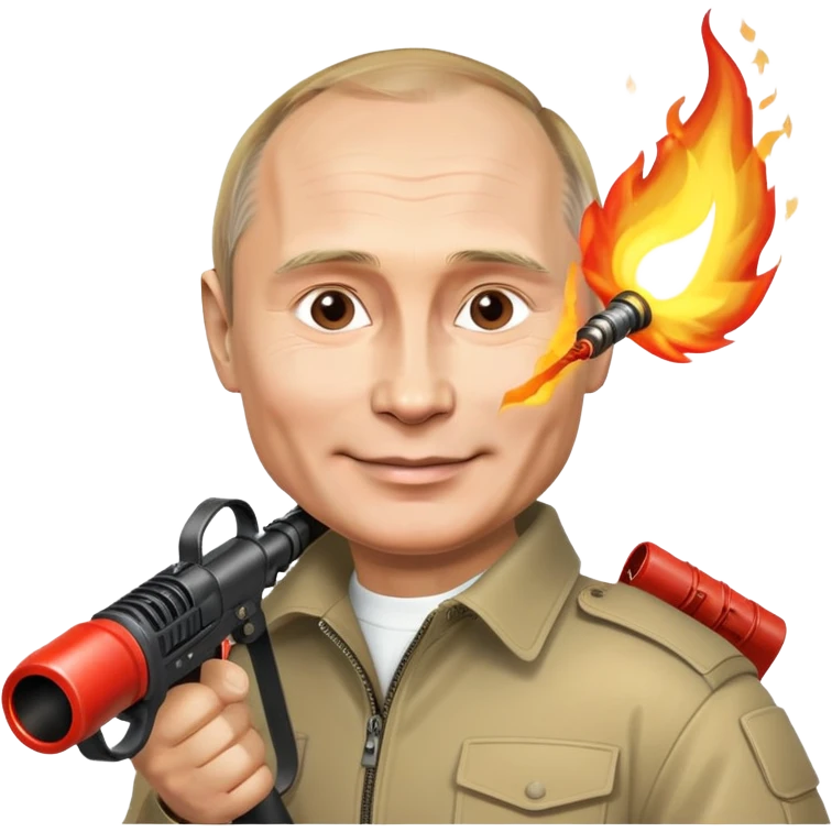 Vladimir Putin smiles and holds a flamethrower emoji