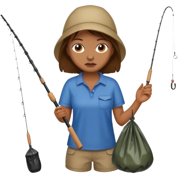 girl fishing, caught trash bag on rod emoji