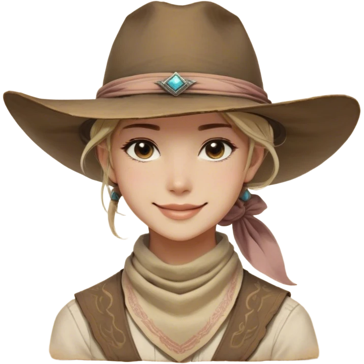Clash of Clans aesthetic: Beautiful and Majestic Cowboy Portrait Emoji, Rendered in serene confidence with a gentle, enigmatic smile and a regal wide-brimmed hat, showcasing a distinguished, weathered build with a timeless bandana and soft, wise eyes in natural skin tone, Simplified yet exquisitely endearing features, highly detailed, glowing with a soft, majestic western light, high shine, calm and heroic, stylized with an air of legendary frontier elegance, soft glowing outline, capturing the essence of a majestic cowboy whose noble spirit inspires epic journeys! emoji
