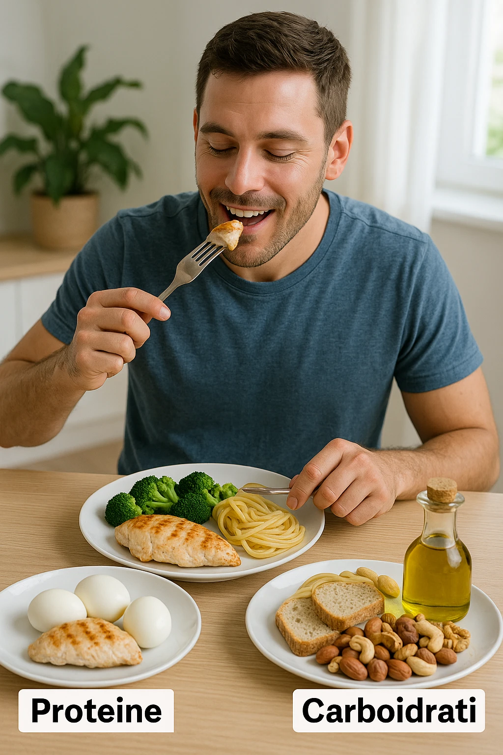 uomo che fa alimentazione attraverso i giusti macronutrienti. Scritte in ITALIANO immagine 4k realistica emoji