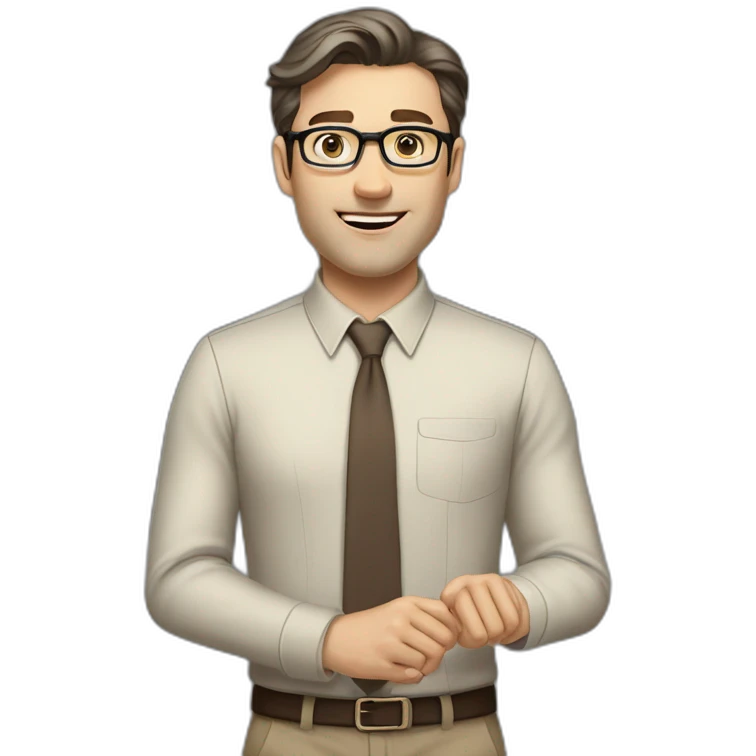 Full height Actively Gesturing Pale skinned fit man with dark brown hair in gray jacket, beige office shirt, brown tie, brown pants and vintage glasses. emoji