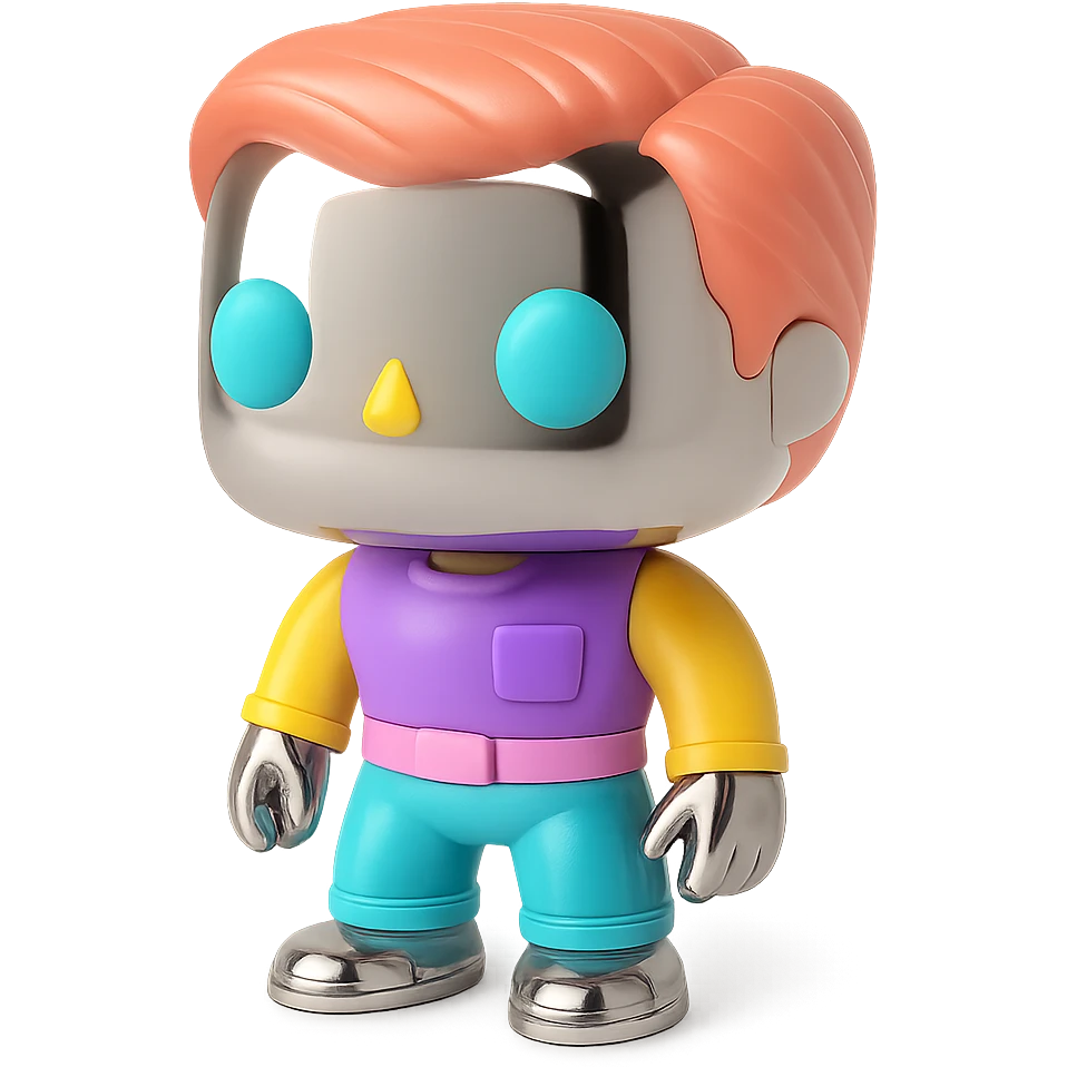 Add bright, fun, and colorful eyes, hair, and clothing to each Funko Pop character, keeping their skin and base chrome and reflective. Preserve the chrome look overall while enhancing the details with vivid colors. emoji