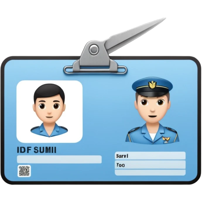 black Scissors cutting a light blue idf soldier ID card in 2 parts .hyper realistic emoji