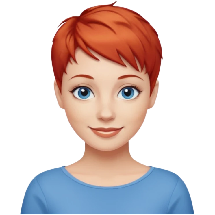 27 year old white woman, red hair, pixie cut, blue eyes emoji