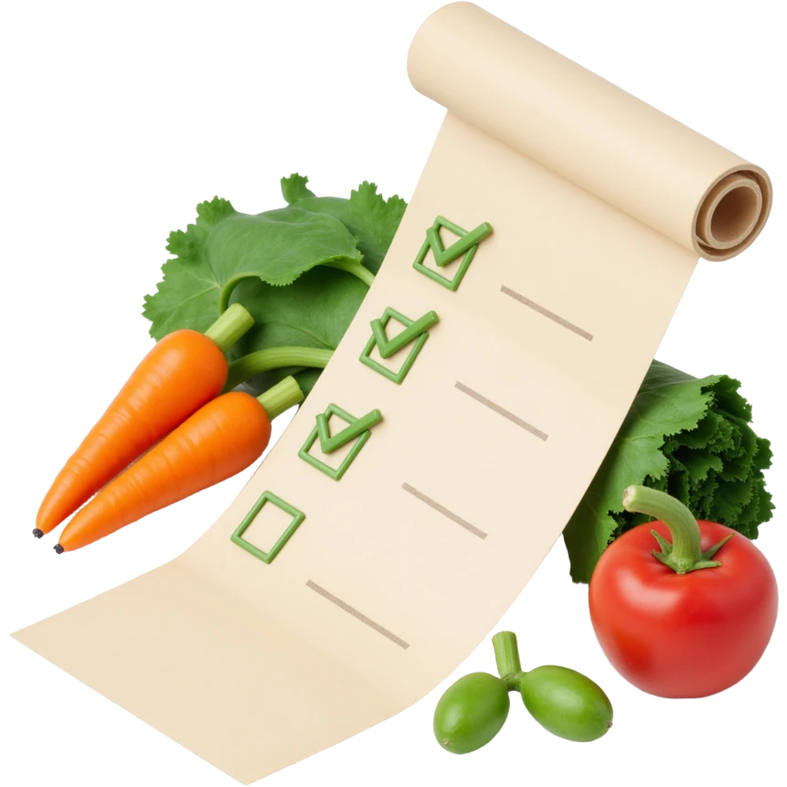floating rolled paper list with green checkboxes and around vegetables emoji