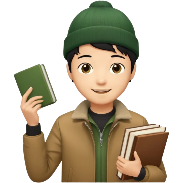 asian, tan skin, non binary asian man with pixie cut black hair, wearing brown jacket and dark green beanie, smiling , holding up books  emoji