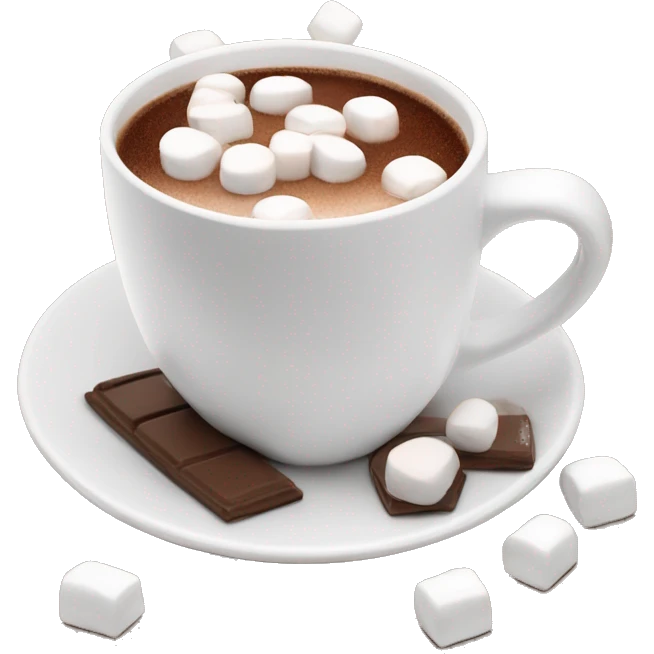 Hot chocolate in a white cup with marshmallows emoji