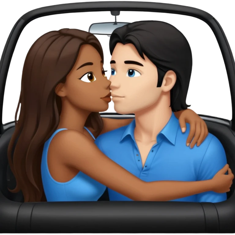 Brown sexy girl with brown eyes long brown hair and sexy white man with black hair blue eyes kissing in car emoji