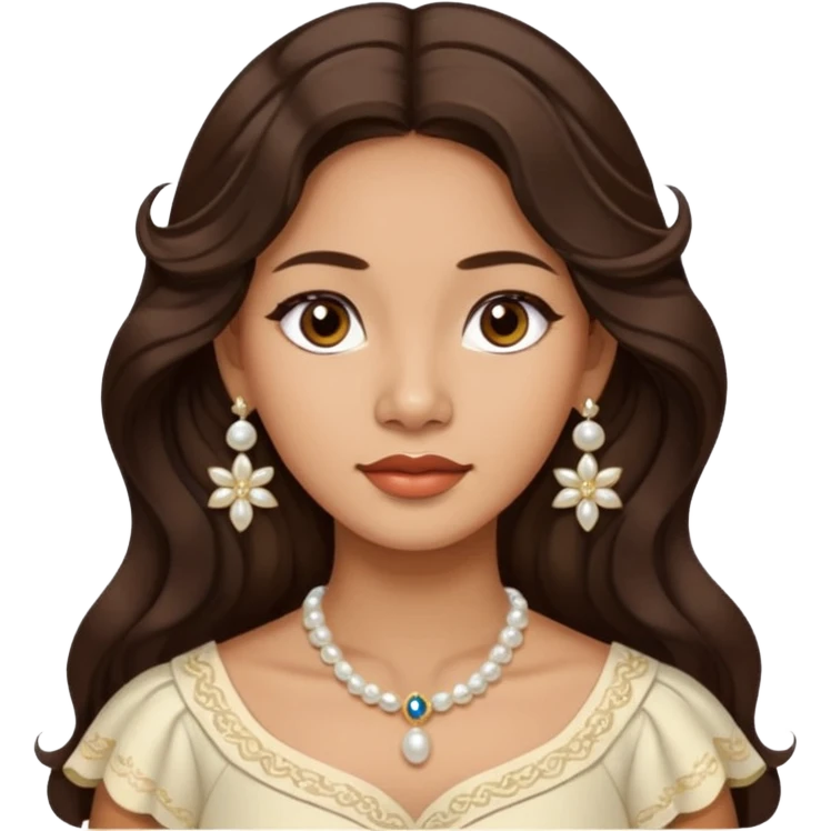 Tan Filipino woman with dark brown eyes and long dark wavy hair parted in the middle wearing a traditional filipiniana and white pearl stud earrings and no other jewelry emoji