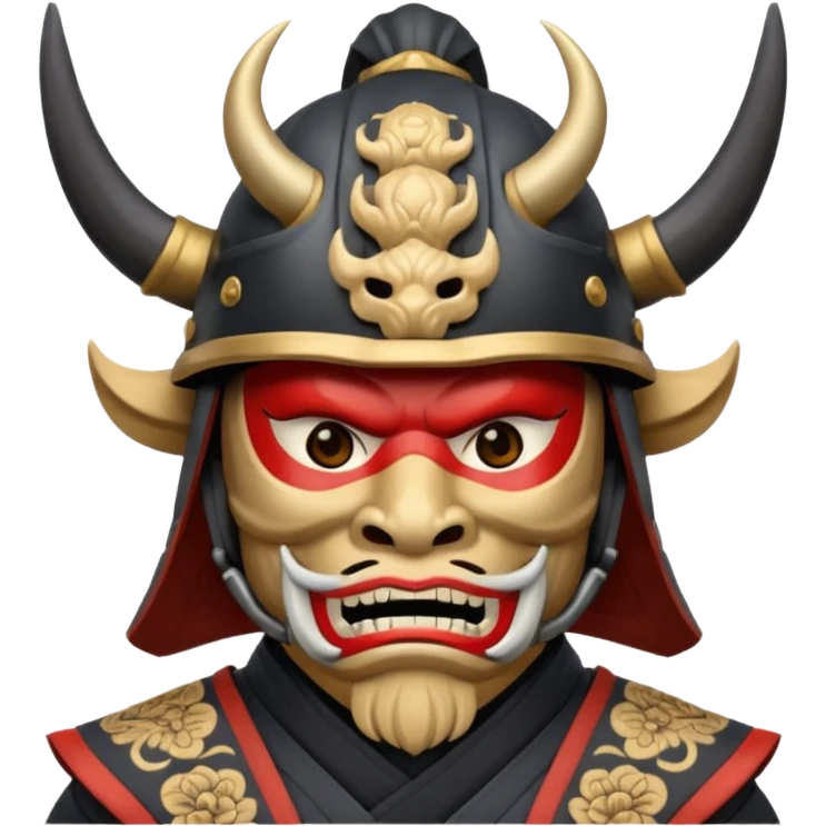 Samurai with helmet and an oni mask covering their mouth emoji