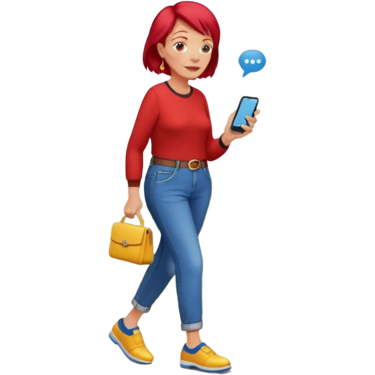 An old lady with red hair, wearing a red shirt, blue jeans, yellow shoes walking in a park holding a cell phone with a text bubble that says Have you checked in to the meetup? emoji