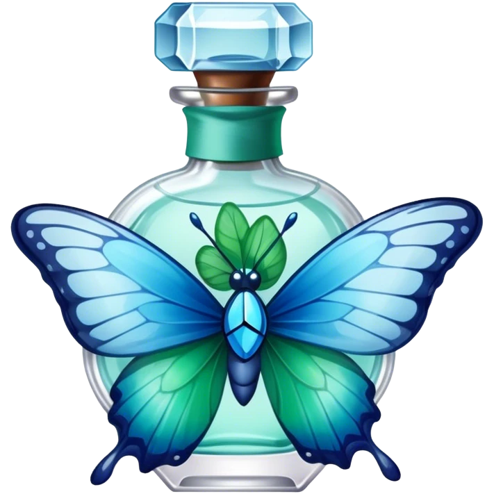 A glass perfume bottle with a soft blue ribbon tied around its neck, with a green and blue butterfly nearby. emoji