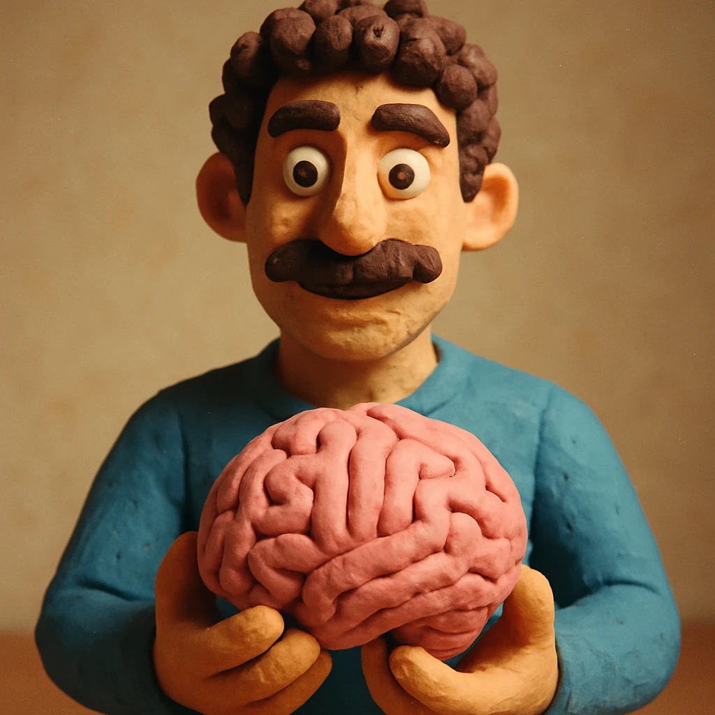 Enhance the claymation man holding a brain by adding more depth and dimension to the image. Make him more attractive and quirky, inspired by the first version, with dark curly hair, thick mustache, light skin, claymation style, visible fingerprints, and pastel colors. emoji