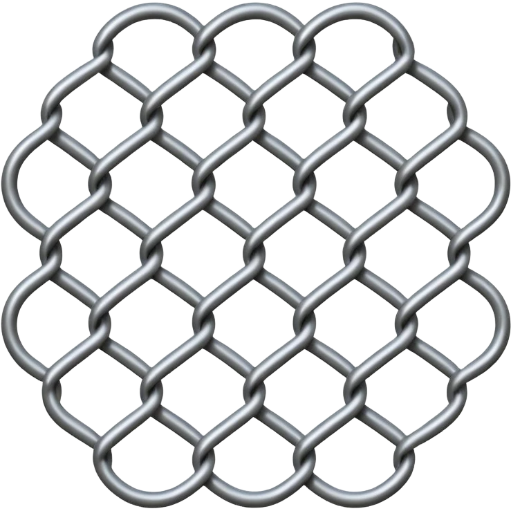 3D render of Chain Link Fence, made of interlocking chainmail metal rings, wire mesh texture, visible holes and negative space, metallic silver and grey, high contrast shadows, emoji style, isolated on white background --v 6.0. emoji