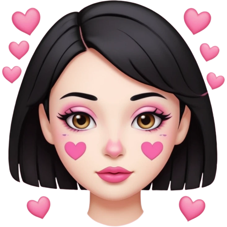 “Emoji girl, pastel pink streaks in black hair hair, bold winged eyeliner, heavy blush on cheeks and nose bridge, under-eye hearts, glossy pink lips, playful smirk.” emoji