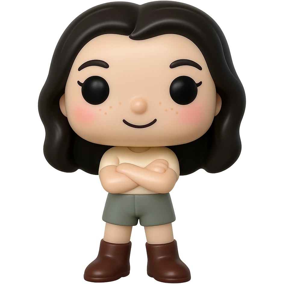 Create a Funko Pop style vinyl figure inspired by the reference image. The figure should have a cream-colored top, grey bottoms, dark brown boots, arms crossed, slightly rosy cheeks, very light freckles, a mischievous and cheerful expression, and dark hair. The background should be transparent. No accessories included. emoji