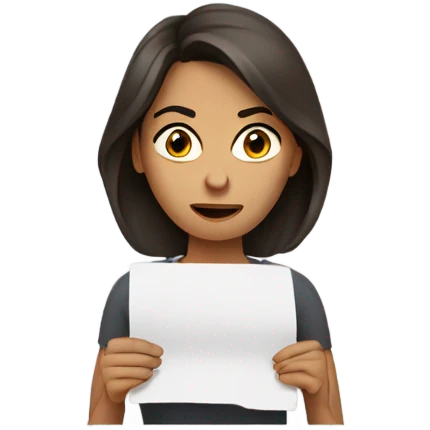 frustrated brunet woman with a paper on hands emoji