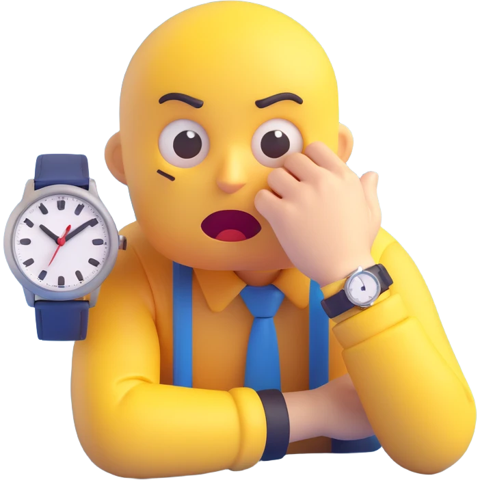 A yellow emoji face with a worried expression, looking at a wristwatch with raised eyebrows, showing urgency and stress emoji