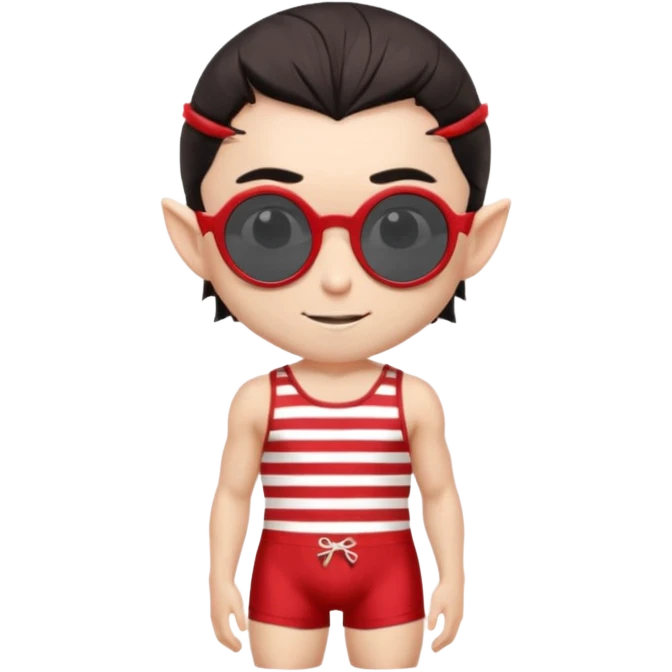 elf male legolas portrait, vintage striped swim briefs (red/white), round mirrored sunglasses, slicked-back dark hair, slight smile, sharp pointy ears, no background, centered emoji, retro summer emoji