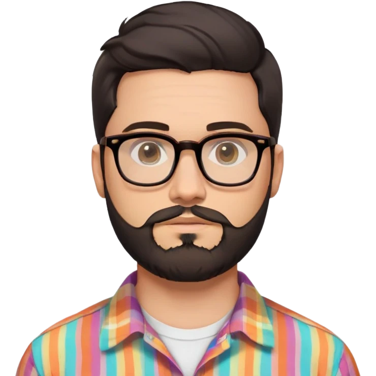 a 30-year-old man with light skin, medium solid build, wide face, soft cheeks, rounded jawline, neutral relaxed expression, short dense full beard, wavy voluminous brown-black hair at the front, large rectangular black thick frame glasses, colorful button-up shirt open showing white t-shirt emoji