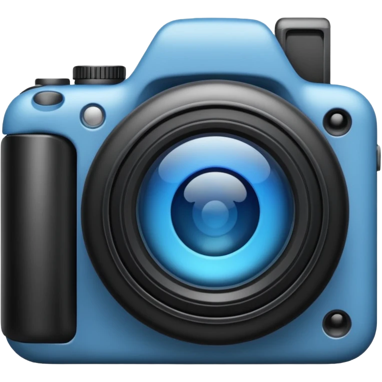 A minimalistic emoji of a camera in Apple iPhone emoji style. Flat design, smooth gradients, rounded edges, soft shadows, high resolution, clean and simple look. Neutral gray and black tones with a blue lens reflection. White background, no text emoji