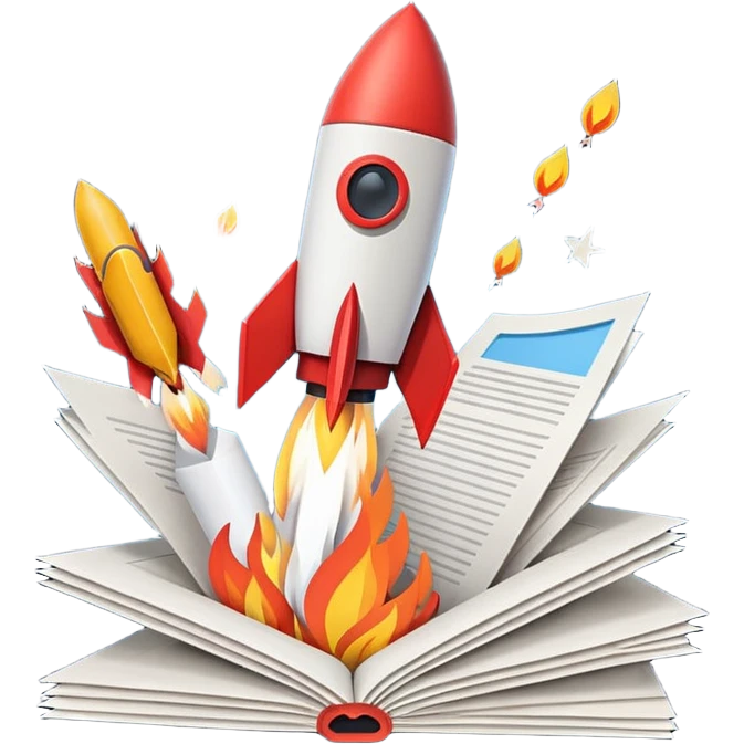 Rocket launching from stack of papers, fire trail, minimal flat design, youtube and instagram emoji