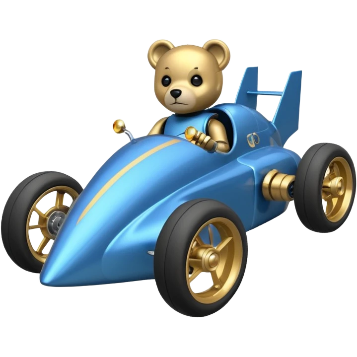  Metallic blue and gold-accented  kid-sized racing car for furry-faced grey bearded evil scary robot teddy bear with custom aero body and rear wing and motorcycle-sized wheels  emoji