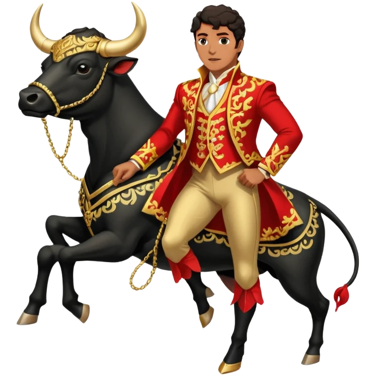 Create a realistic image of a traditional bullfighting scene in a Spanish arena.
Show a bullfighter (matador) in an ornate, gold-trimmed suit holding a red cape (muleta) as a powerful black bull charges toward it. emoji
