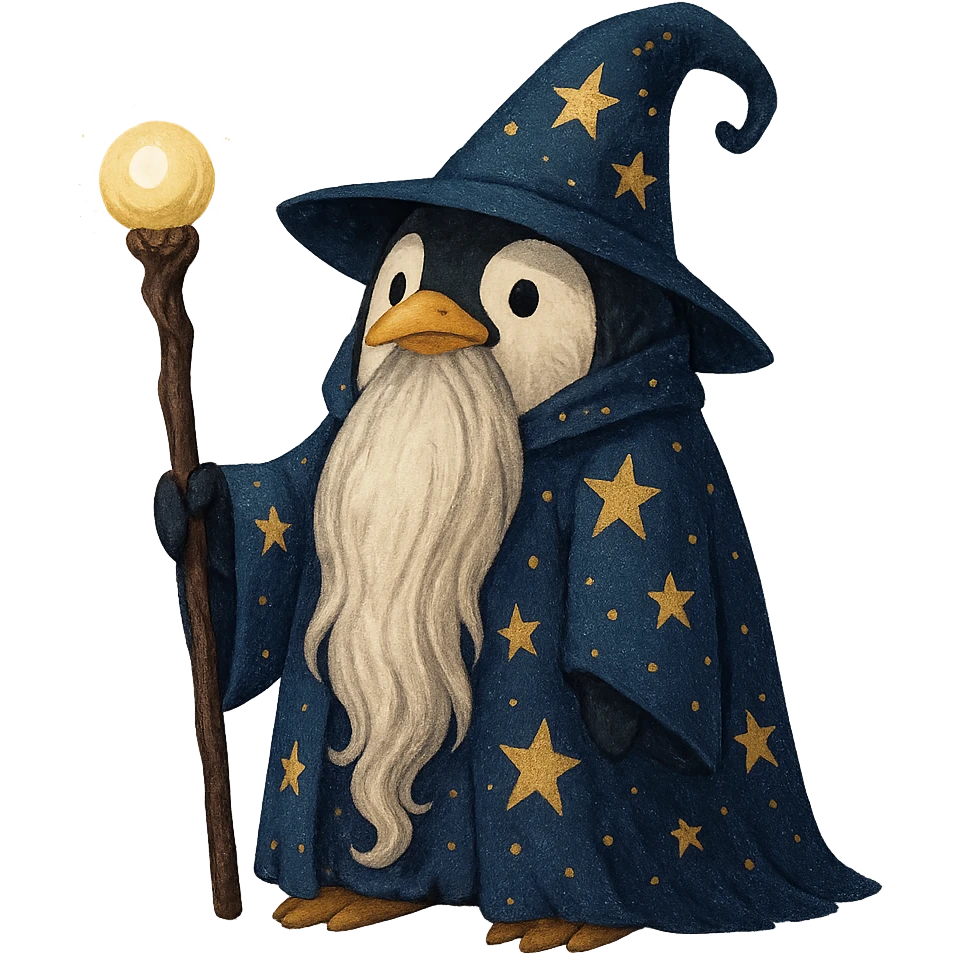 penguin wizard with a long beard and starry cloak emoji
