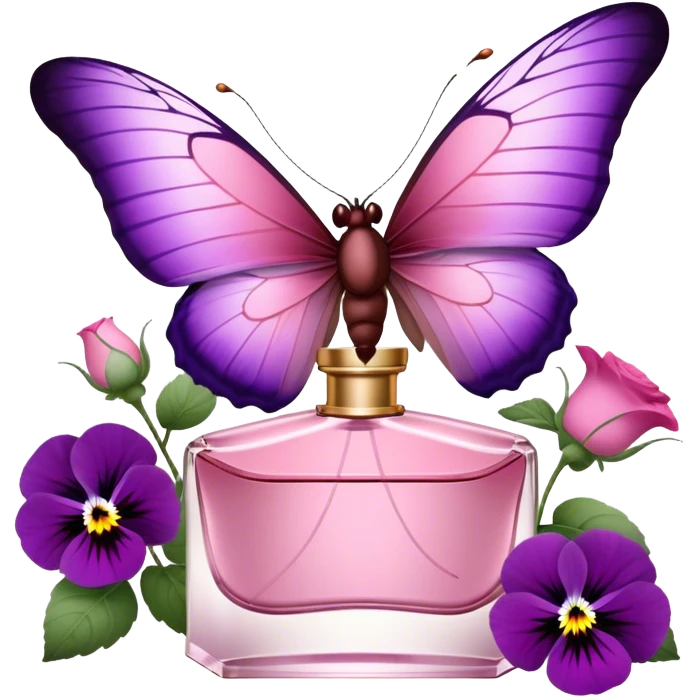 A butterfly with striking Tyrian Purple and Jasper Red wings delicately lands on a Rosewater Pink perfume bottle. Misty Rose pansies bloom softly around, creating a dreamy, romantic scene." emoji