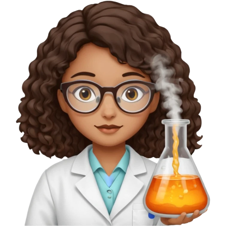 realistic bratz doll with long loose curly dark brown hair, glasses that are round cat eye vibes, in a lab coat mixing beakers that glow shes a 4th grade girl emoji