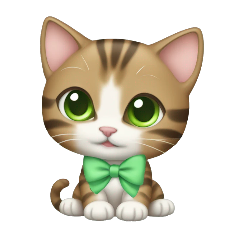 kawaii brown tabby kitten with green eyes and pastel green bow emoji