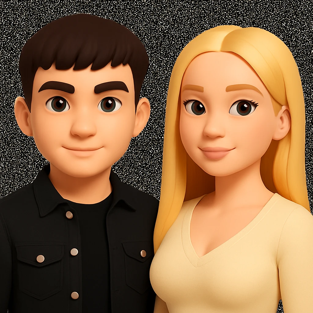 Slightly increase the volume of the upper body of the girl, separate the girl and the boy from each other, make the skin color the same for both characters, while preserving the cartoonish 3D style as in the reference image. emoji