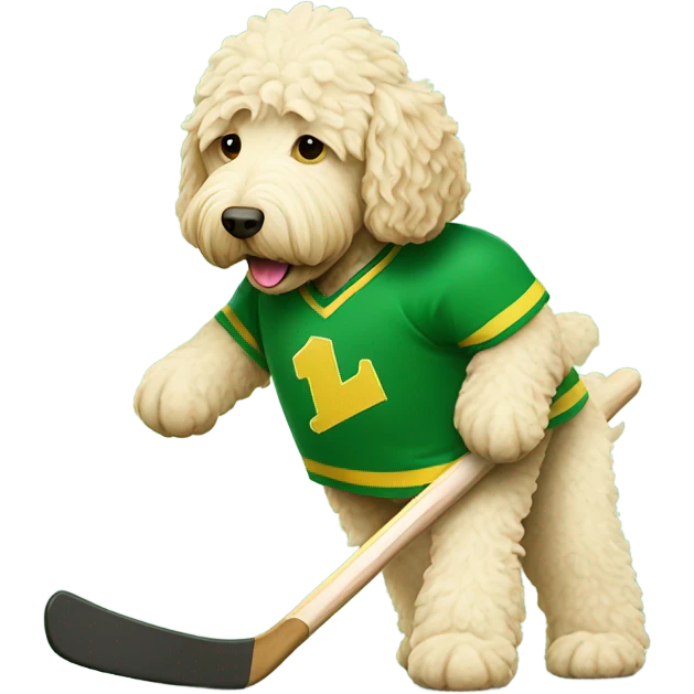 Cream labradoodle playing hockey in a green and yellow jersey  emoji