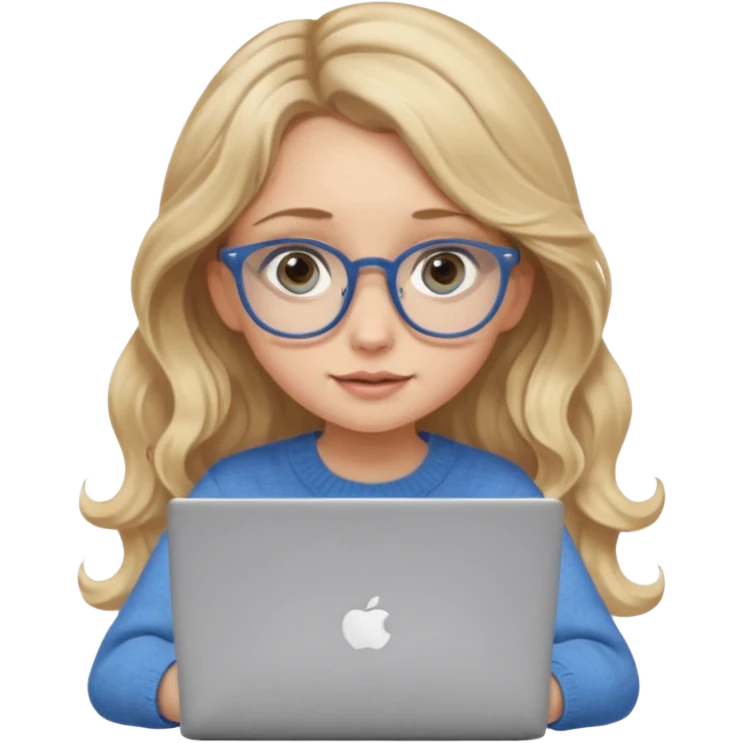 blonde girl with long dark blonde wavy hair, blue big eyes, pantos-style glasses, a brown sweater, sitting and looking in laptop, soft pastel, upper body shot emoji