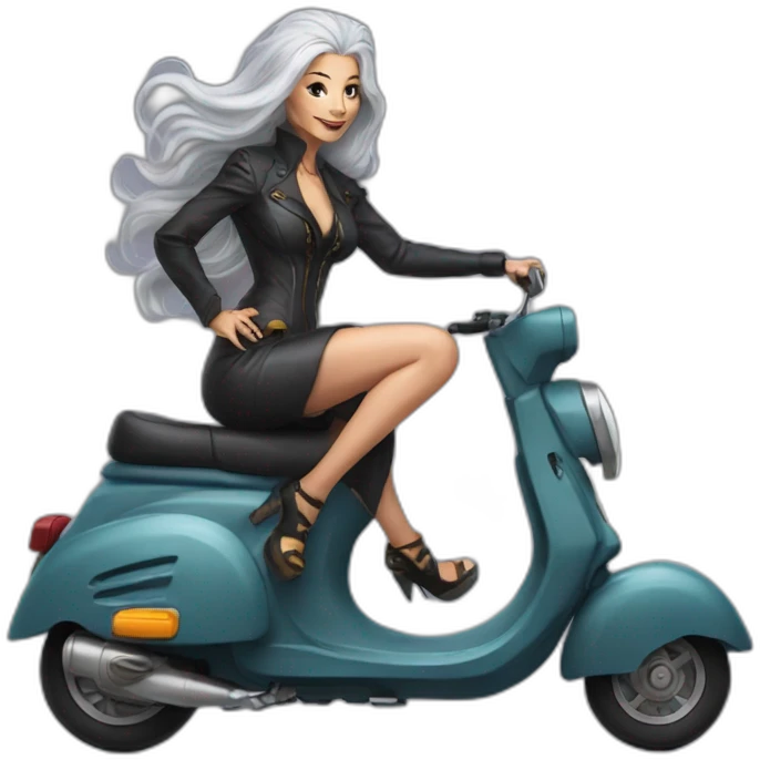 sexy gray-haired witch on a scooter painted like a leopard emoji