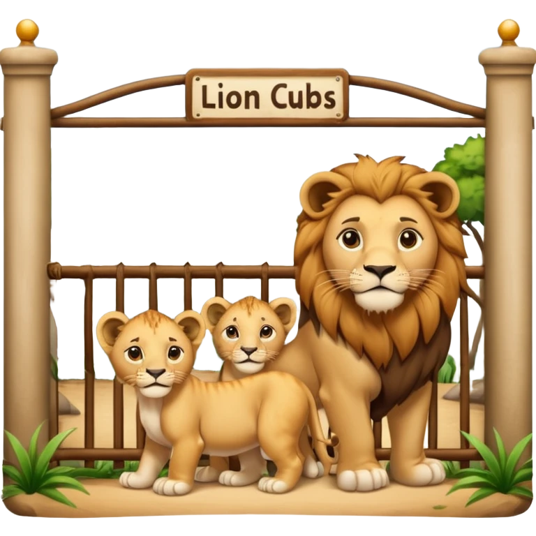 Un letrero del zoológico que dice “LION CUBS — BORN LAST WEEK” y delante una leona con sus cachorros recién nacidos, con la gente mirando emocionada desde la reja.






 emoji