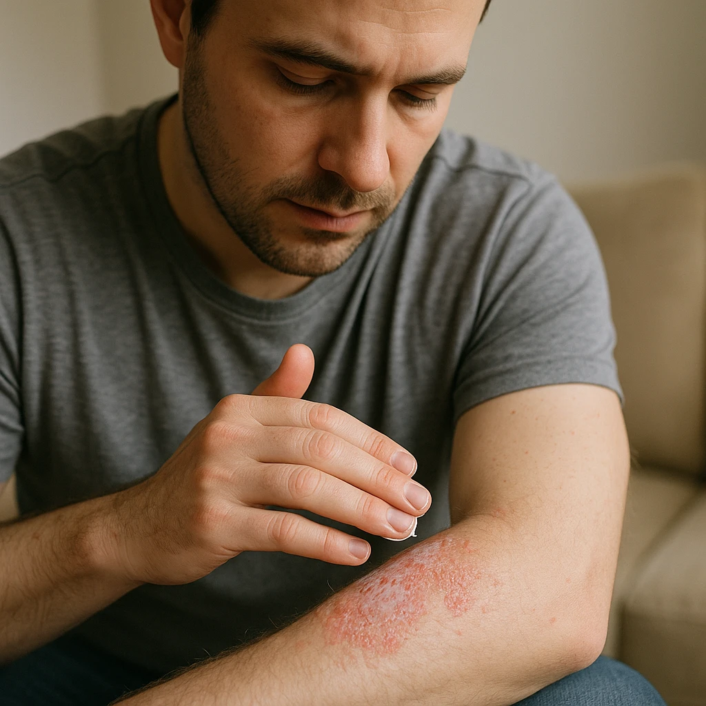 realistic image of a man applying cream to his skin for dermatitis, showing affected area on arm or leg, medical and respectful context, no explicit details emoji